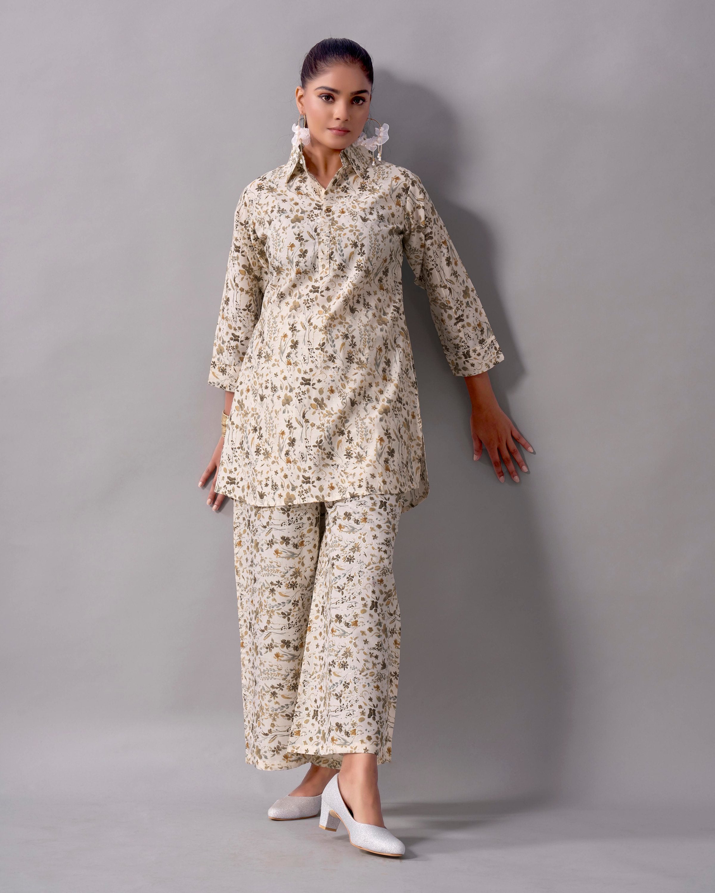 Floral Charm: Off-White Full Sleeve Co-ord Set with Collar Neckline